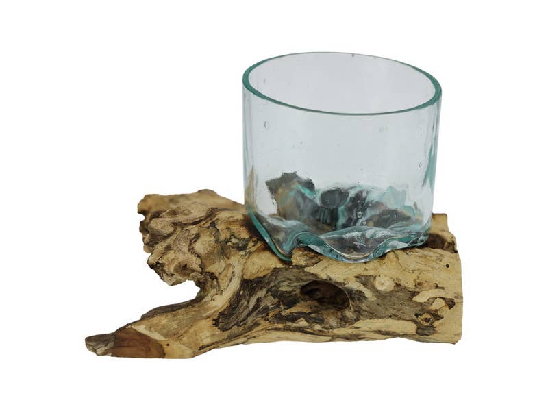 Hand blown Glass Bowl on Driftwood - 16x24cm